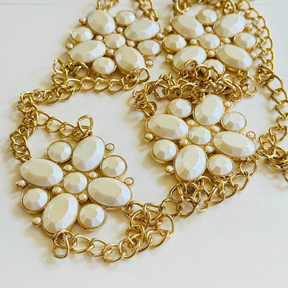 VTG Gold Tone Metal Chain Regal Pearl Belt Necklace‎ Couture chunky Retro 49